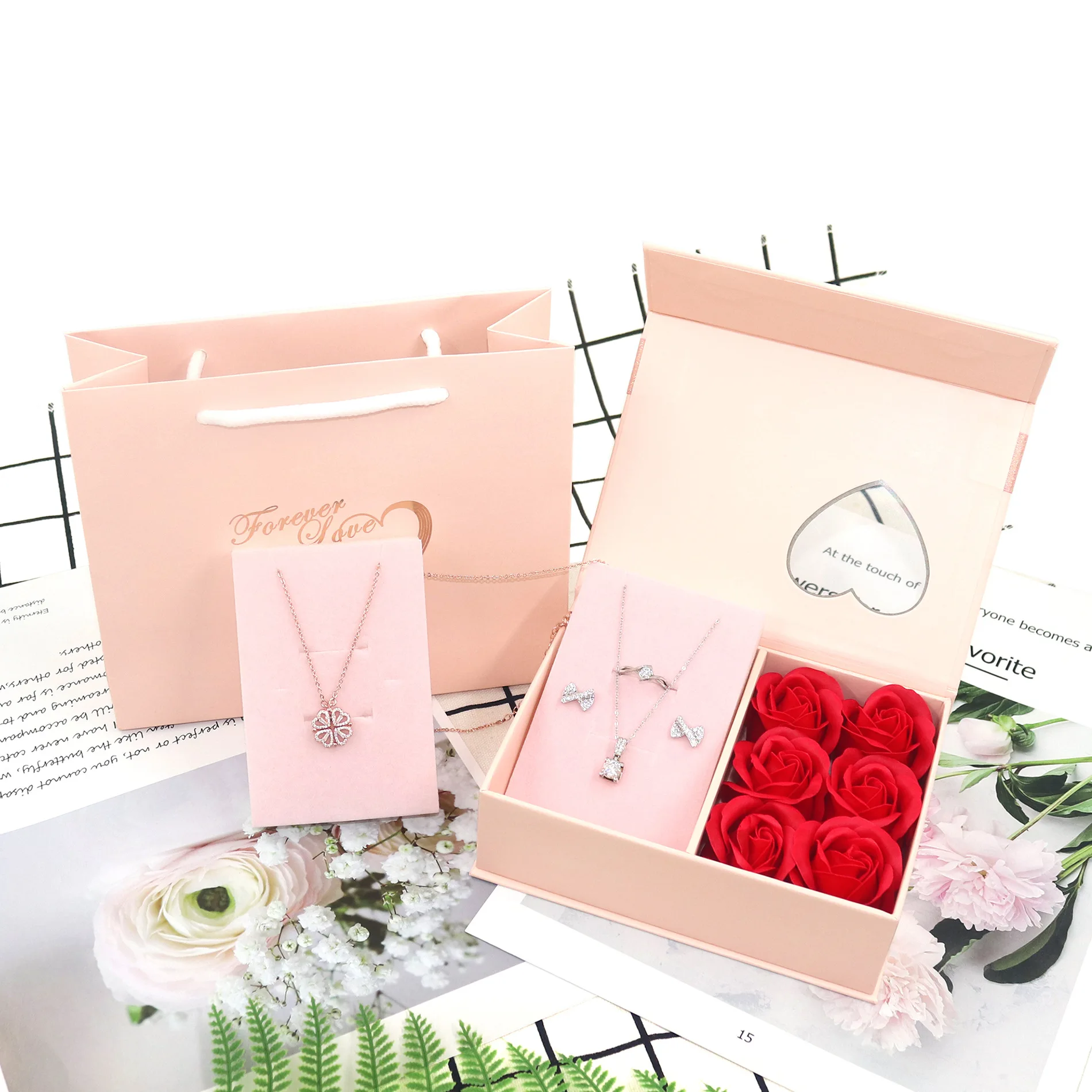 Custom Wholesale Pink Jewelry Packaging Book Type Gift Box With Rose Ribbon Necklace Ring Earring Box
