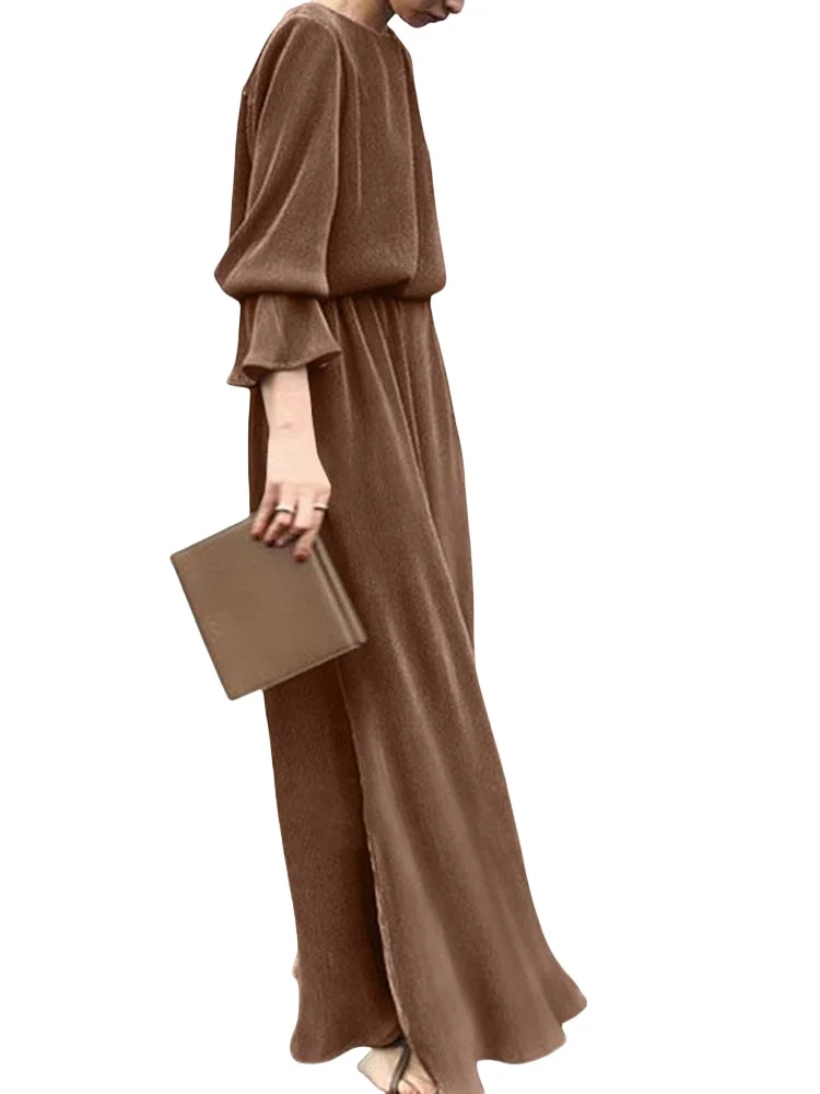 New Modest Satin Dress Vintage Style with belt flare Sleeve strips material Muslim Malaysia Indonesia Middle East cabaya