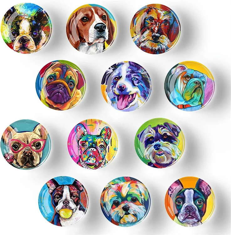 12Pcs Glass Refrigerator Magnet Fridge Sticker,Oil Painting Dog Fridge Magnets Decoration