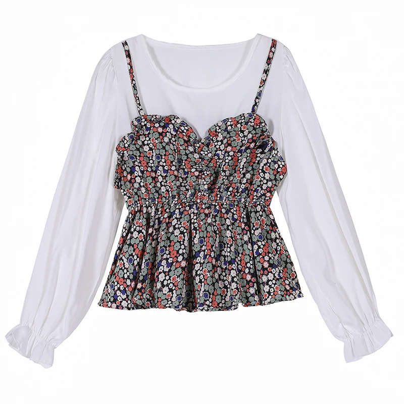 
Chiffon Blouse Elegant O Neck Women Bubble Long Sleeve patchwork Blouse Korean Fashion Ladies Sweet Floral Peplum Blouse 