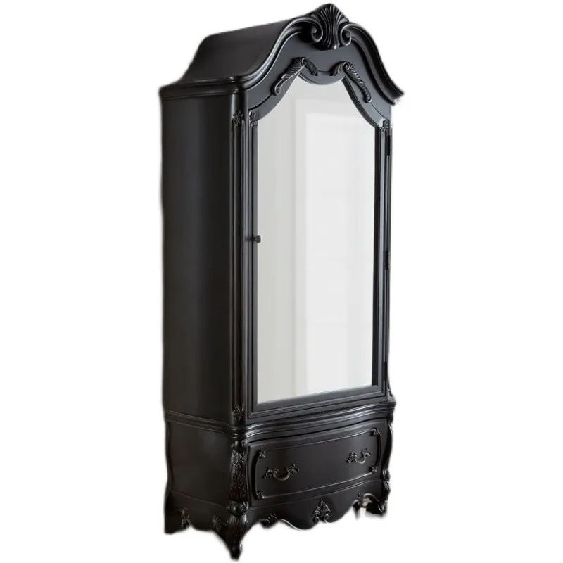 French retro white solid wood wardrobe European-style carved black wardrobe bedroom glass door storage cabinet customization