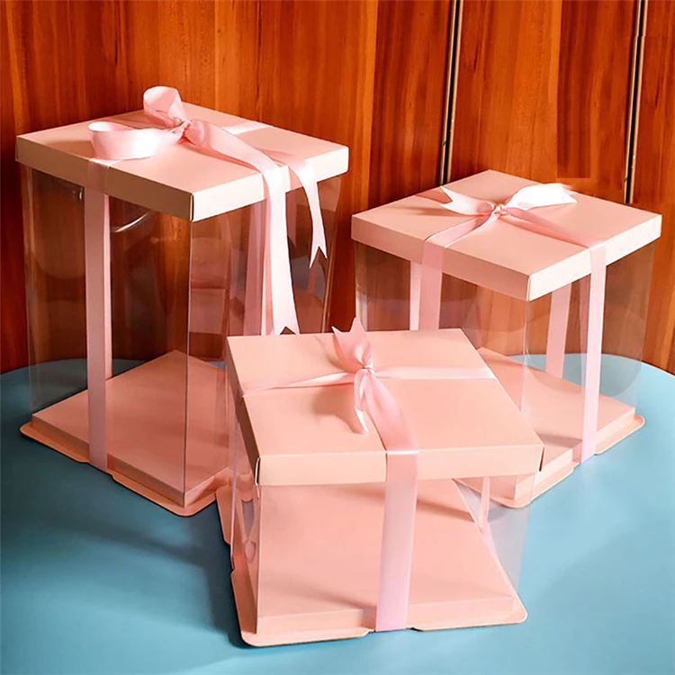Wholesale 10 Inch Luxury Custom Pink Square Transparent Cake Box PVC PET Birthday Party Plastic Cake Box With Lid