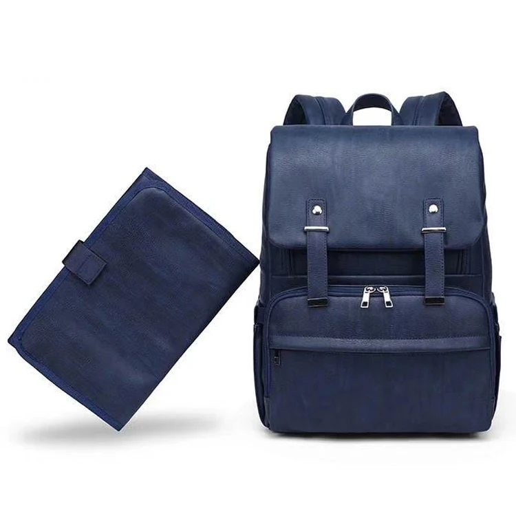Customized vegan leather diaper bag blue Nappy baby diaper Bag mummy backpack with Portable Changing Pad