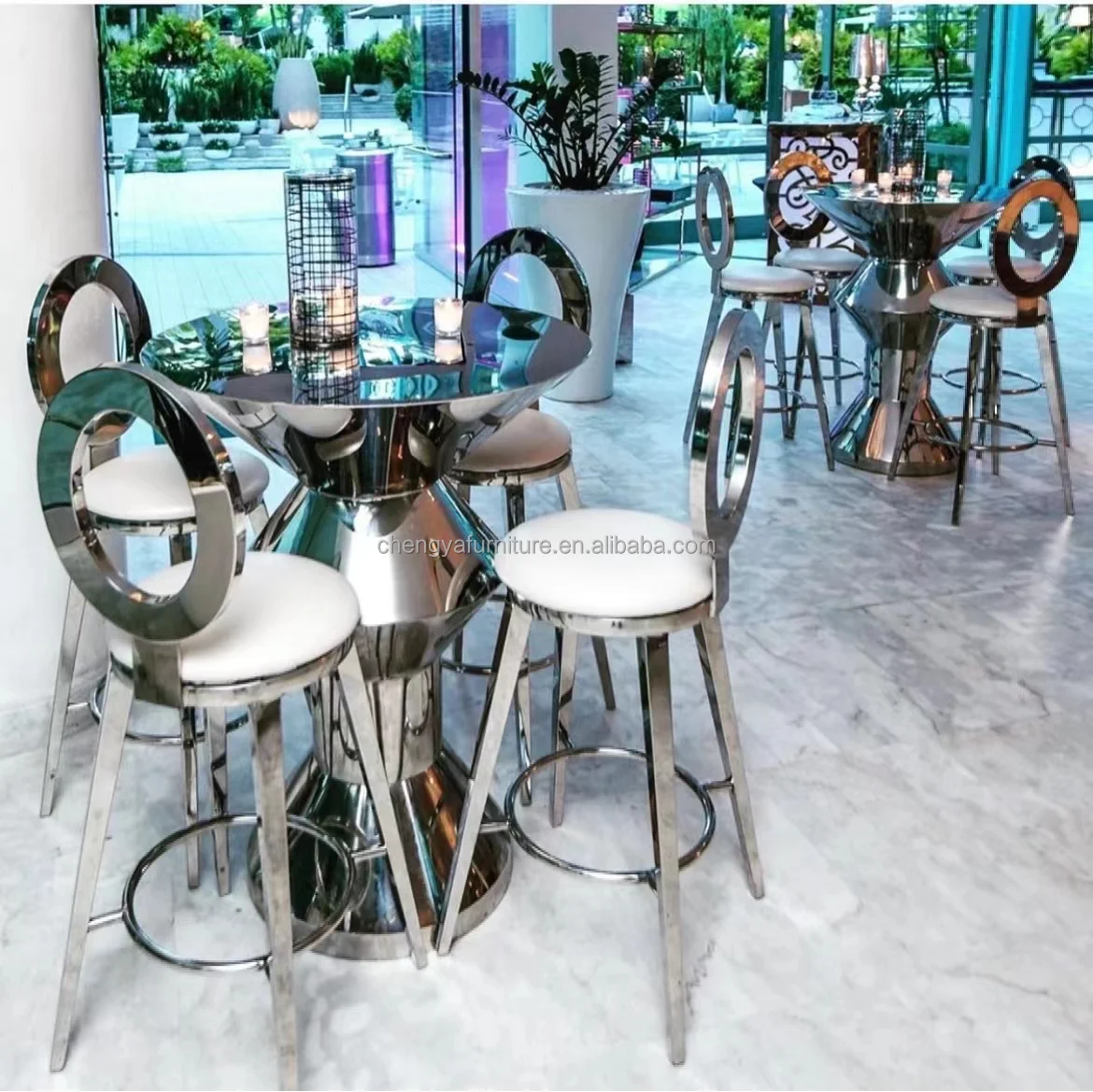 Party furniture gold stainless steel metal glass top bar table and stool set