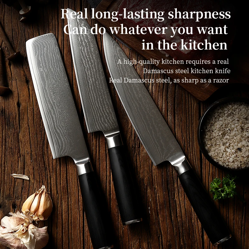 Kitchen Knife Damascus Set of 3 pcs Damascus Steel 10Cr15Mov Stainless Steel 67 Layer Chef Knife Multipurpose Kitchen Knife