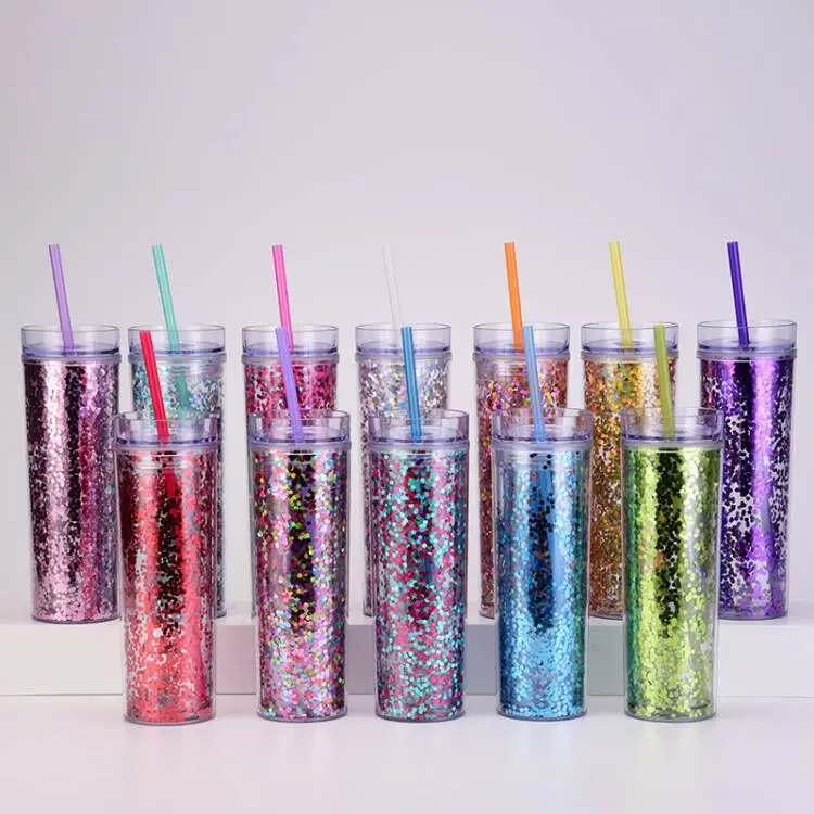 European and American popular fashion boutique transparent sequins double layer thickened and fall resistant plastic cups 450ml