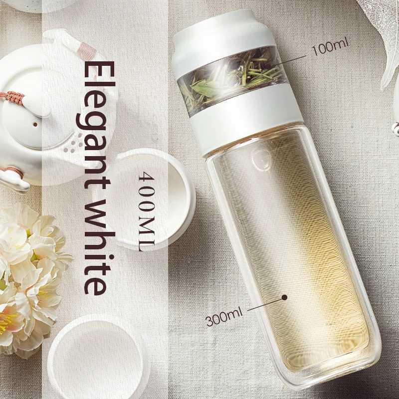 DH Manufacturer Travel Tumbler with Elegant Glass Cup and Silicone Sleeve Handle Vacuum Tea Infuser Cup for Tea Lovers Camping