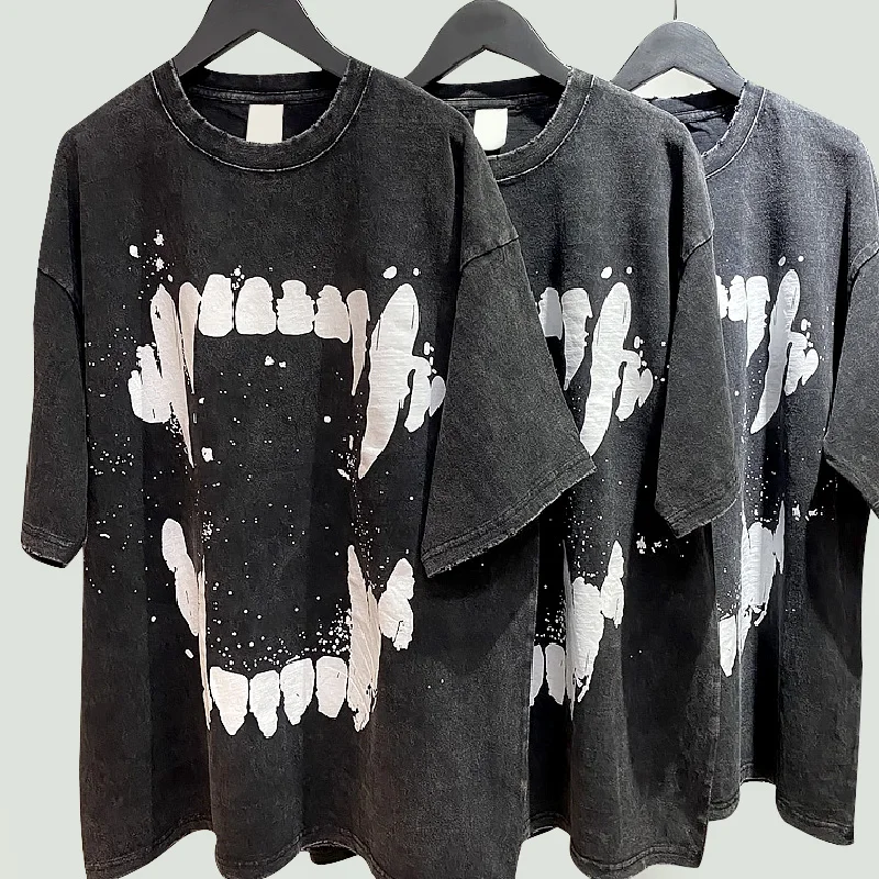 Custom Pattern Dtg Printing T Shirt Heavy Weight Cotton Black Acid Wash Tshirt Lightly Distressed Vintage Washed Tshirt For Men