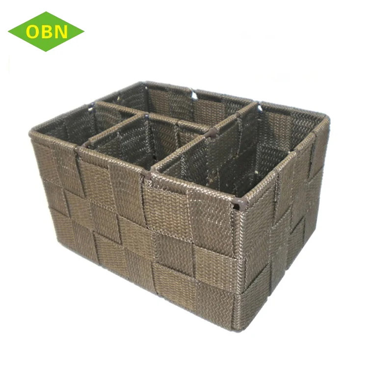 100% Handicraft Weave Basket  PP Polypropylene Box Fiber Ribbon Fabric Desk Nylon Strap Woven Storage Basket