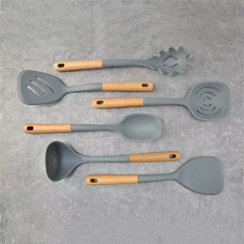 Hot Sale 6 Piece Cooking Tools Silicone Kitchen Utensils  Kitchen Utensils Set with Wooden Handles Cooking Tools set