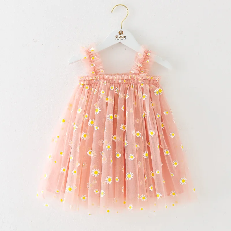 2022 Lovely Baby Toddler Girls Princess Tulle Mesh Sundress Daisy Fruit Embroidery Sleeveless Girls Kids Maxi Dress