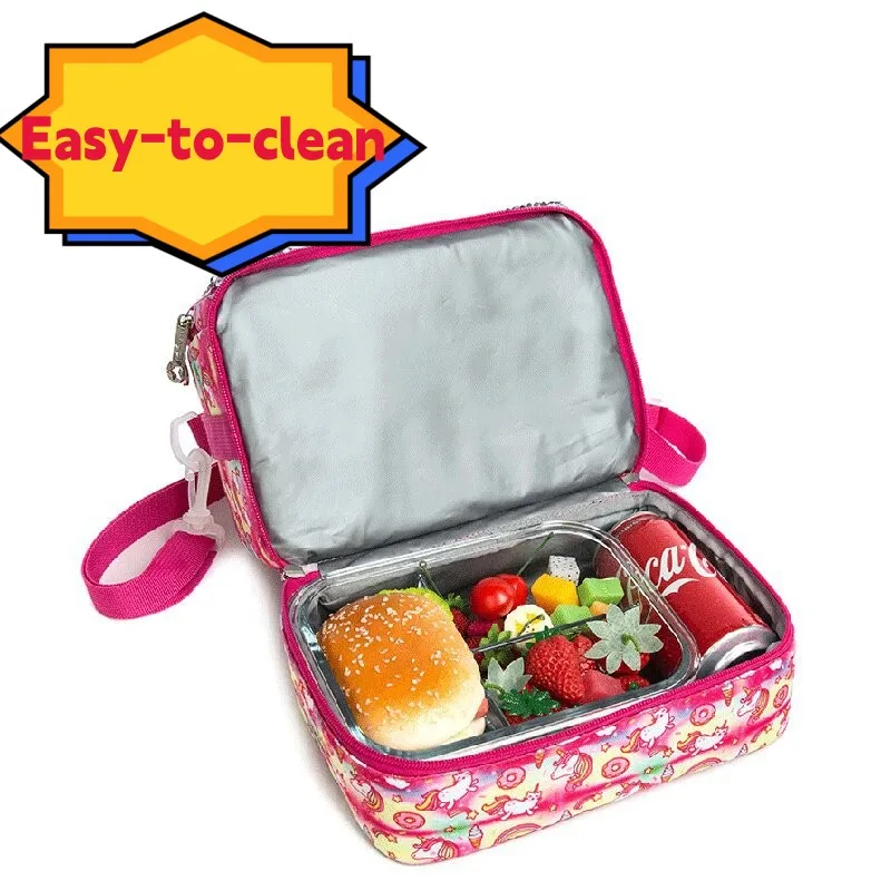 New Materials Laser Leather Lunch Box W Shoulder Strap For Boys Girls Daycare Double Decker Cooler Lunch Bag