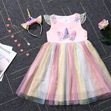 Unicorn Costume Princess Unicorn Dress Fancy Dress with Necklace Headband for Kids Toddlers Birthday Party