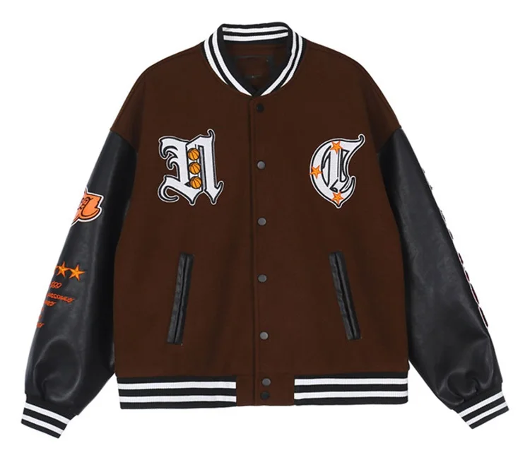 OEM custom winter hip hop style basketball emblem leather sleeve bomber varsity jacket for men