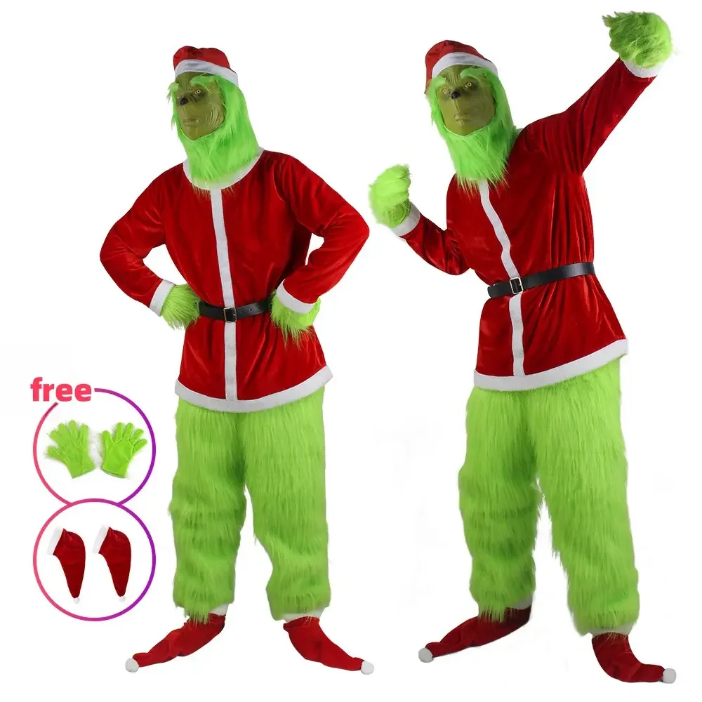 Unisex Adult Grinches Green Pilgrim Cosplay Costume Set Christmas Anime Costumes with Green Mask performance clothes