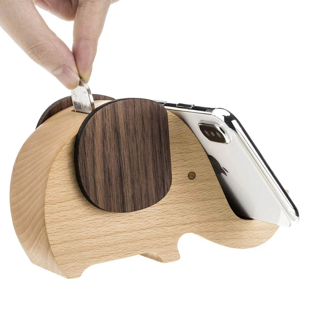 Wholesale Handmade Wood Cute Piggy Bank Coins Mobile Phone Holder Wooden Saving Money Box