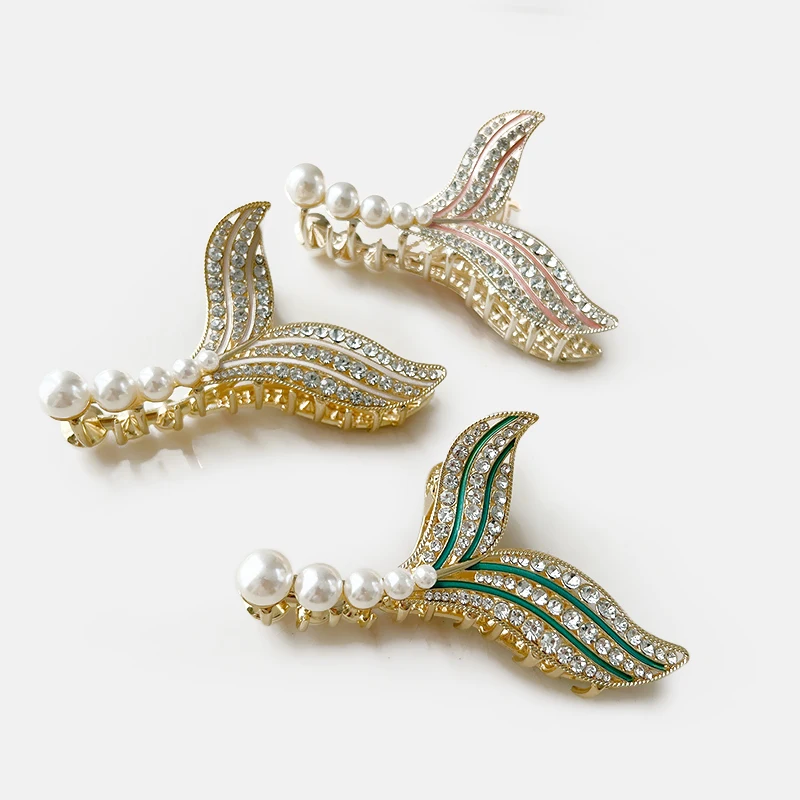 Pearls rhinestones Fishtail-Shaped alloy hair clip claw Girls large shark hair clamp clip Female bling metal hair claw clips