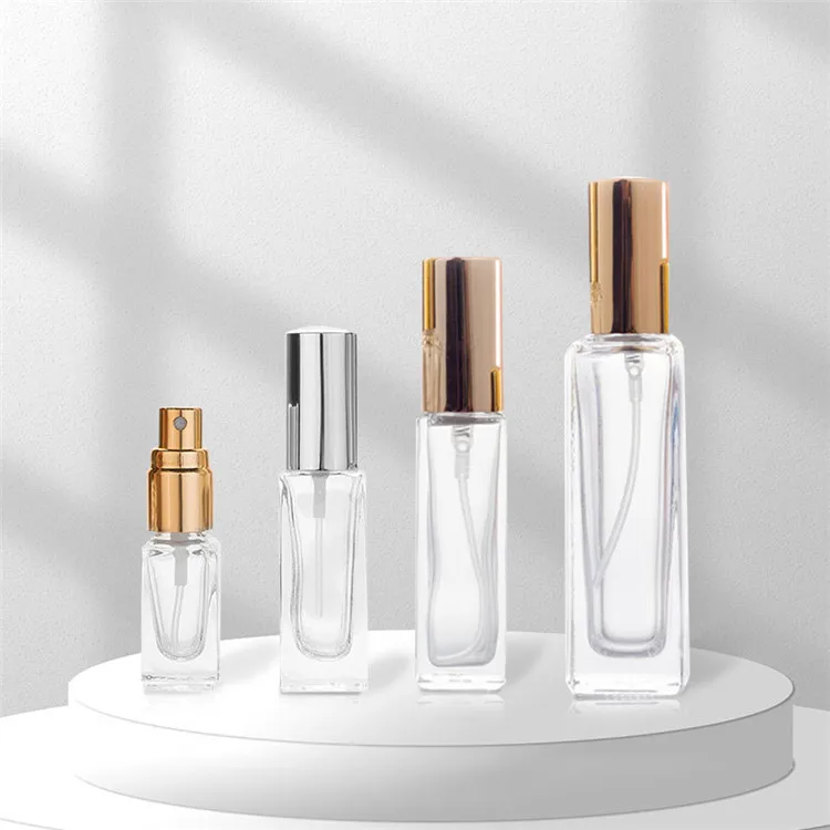 free samplemini 3 6 10 20 ml empty square refillable clear perfume gold silver mist spray glass bottles 10ml 20ml with screw cap