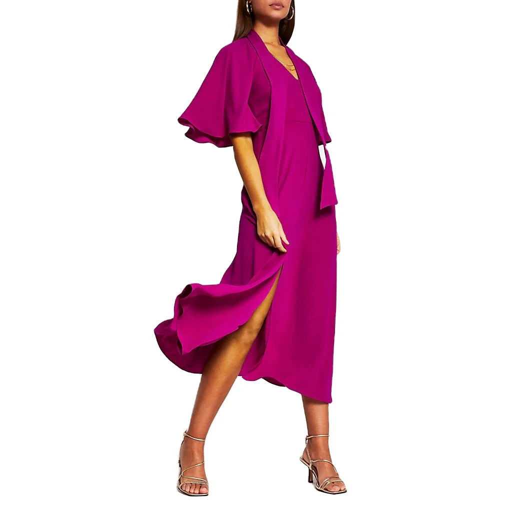Purple tie neck flare sleeve slit hem women elegant chiffon midi dress