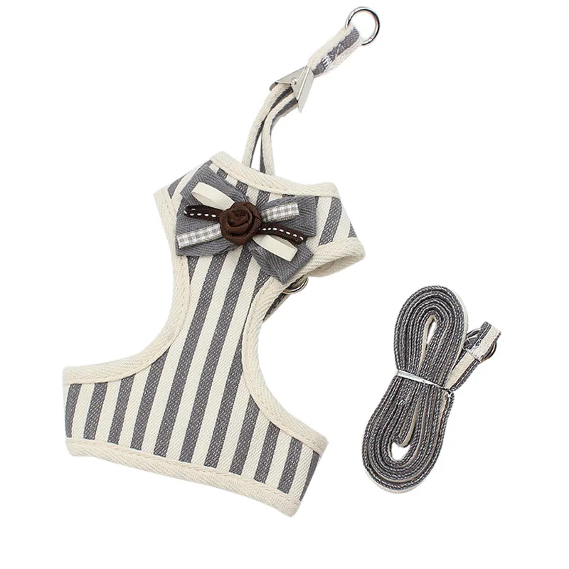 Striped Pattern Bowtie Design Pet Harness Vest With Leash, Formal Dress Dog Cat Harness Set With Leash