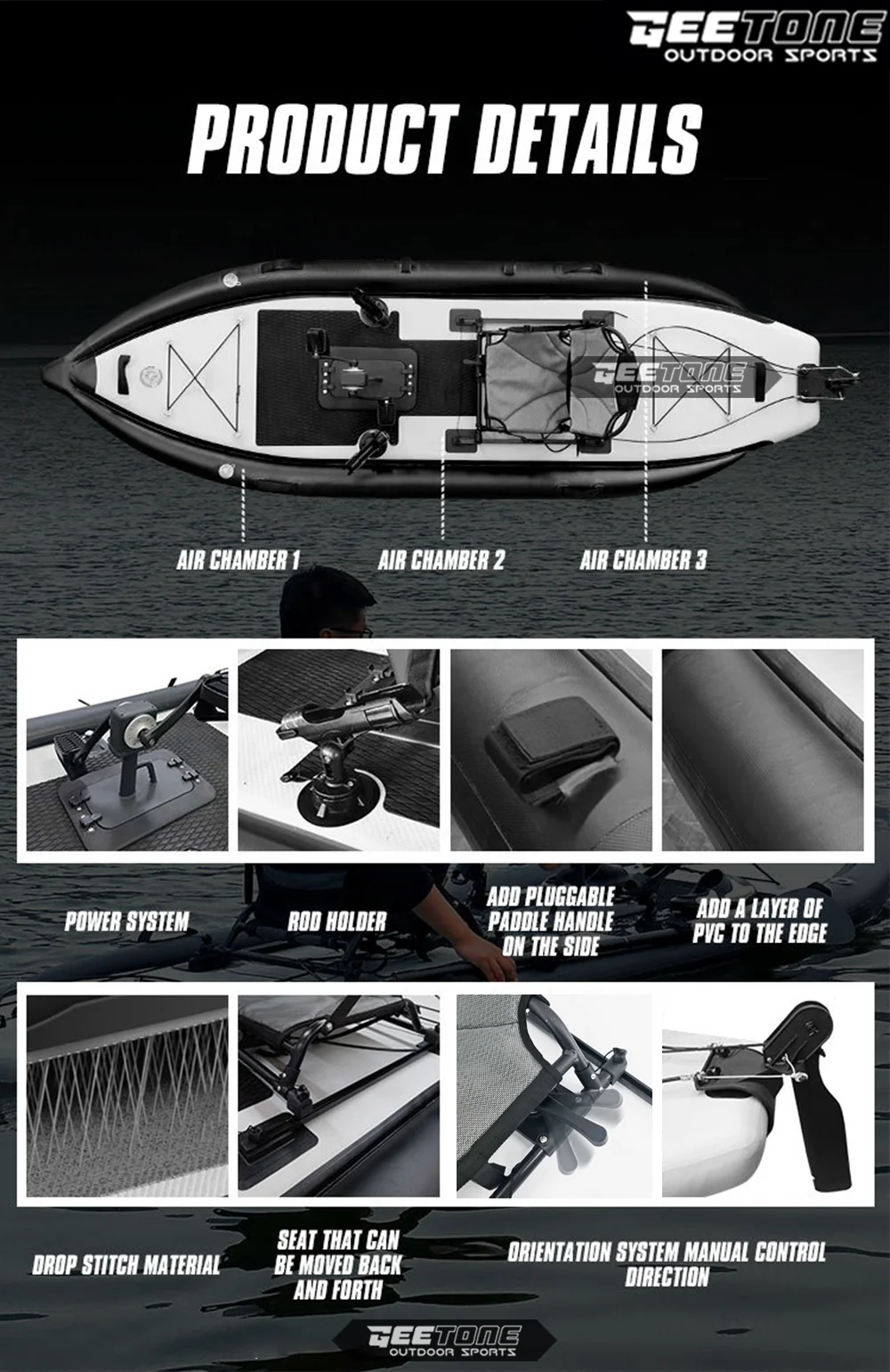 GeeTone Inflatable Kayaks with Gear Pully Pedal Drive Propeller Portable Fishing Boat Kayak With Rudder Fishing Rod Holder