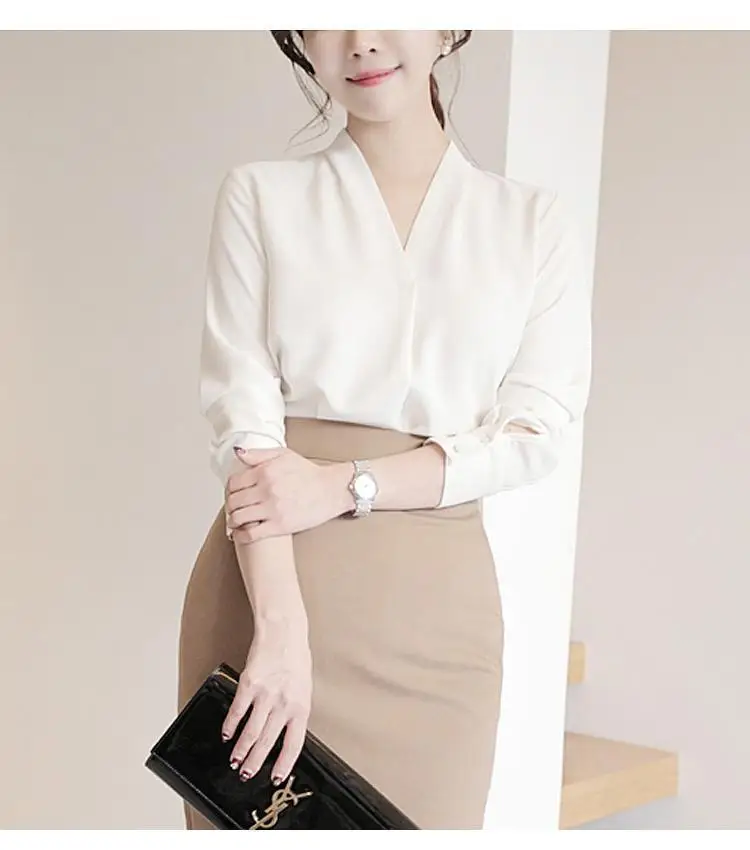 White Shirt Women Spring And Summer V-Neck Solid Color Professional Blouses Simple Sexy Loose Chiffon Blouse Korean