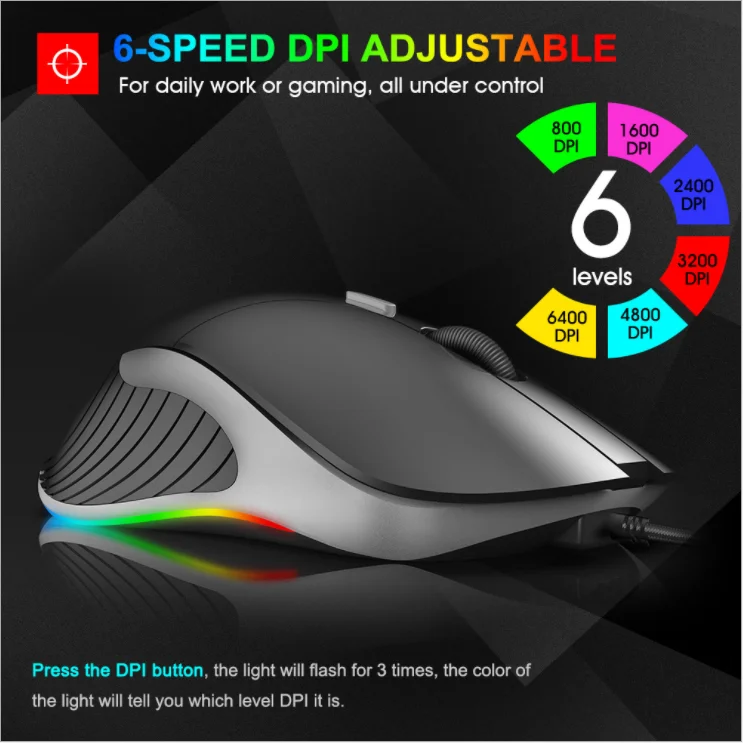 Mouse gaming mouse RGB 6400 DPL wired  6-speed DPI adjustable light gaming mouse for PC computer