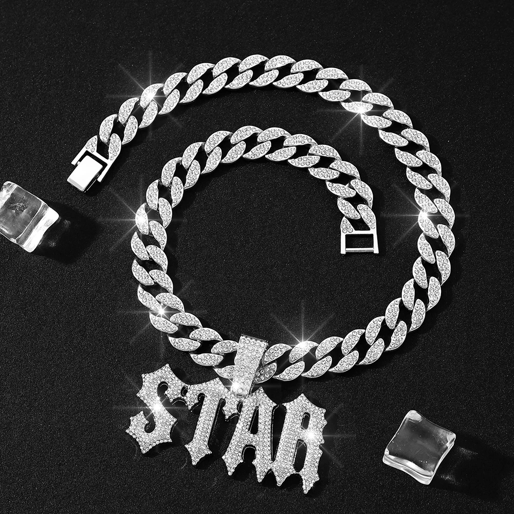 Mens Cuban Link Chain STAR Letter Pendant Necklace Silver Gold Plated Bling Iced Out Chain
