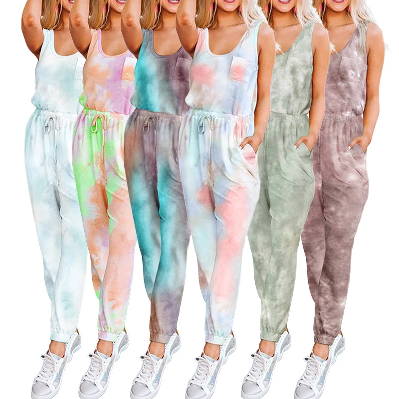 
Custom New Arrival Fashion Casual Femme Pocket Tie Dye Drawstring Jogging Suits Women Jumpsuit 