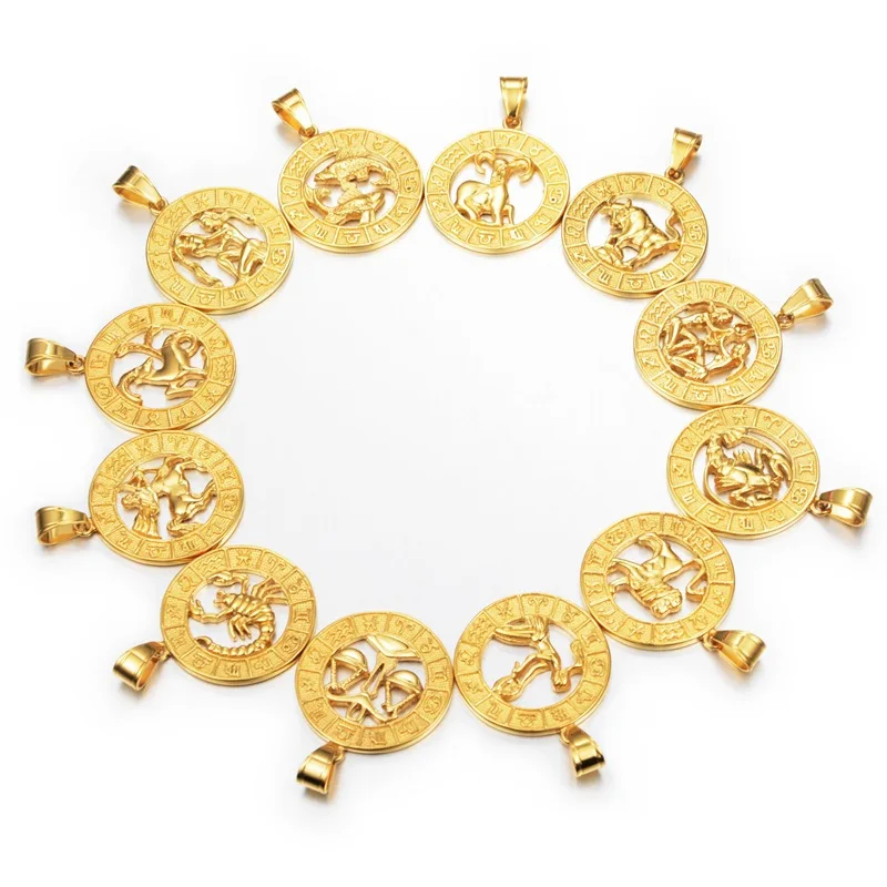 Jewelry Custom Men Wolf Lion Compass Jesus Coin Charm Pendant Stainless Steel 12 Zodiac Sign Necklace