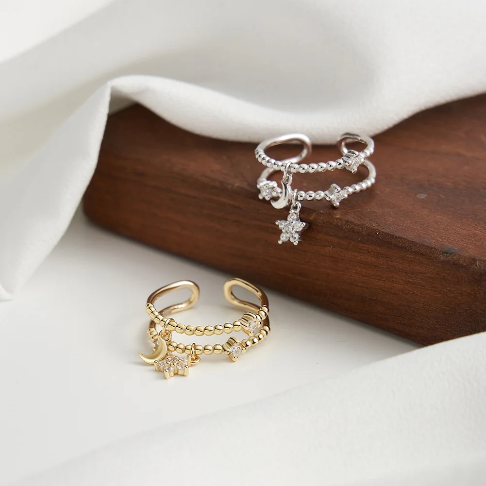 RINNTIN SR333 Fashion Unique Design Women Rings S925 Sterling Silver Moon Star Charm Open Ring for Girls