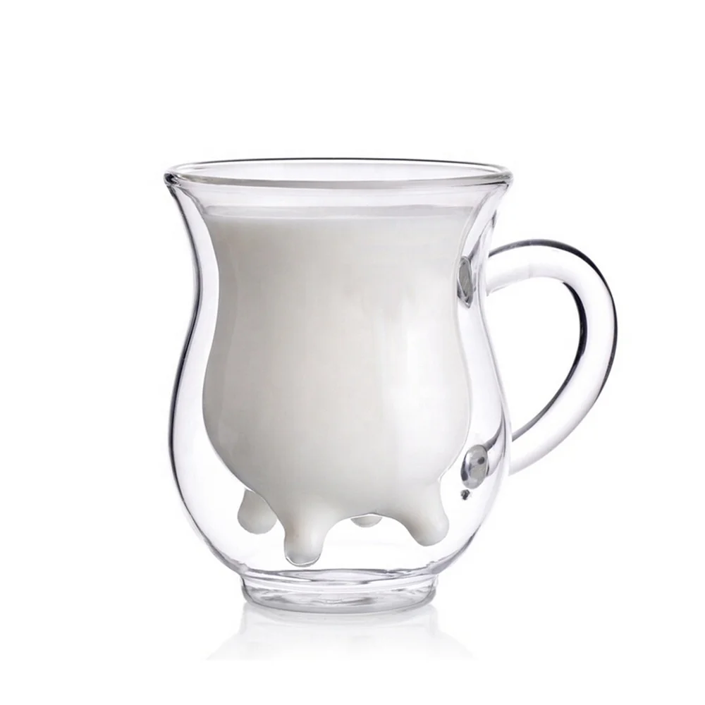 Custom Heat Resistant Transparent Handmade Borosilicate Glass Coffee Mug Double Wall Milk Cow Glass Cup