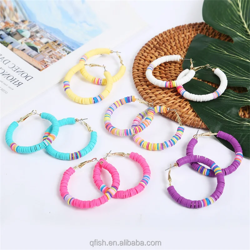 Multicolored Bohemian Beaded Clay Beach Jewelry Handmade Oversized Exaggerated C Shape Hoop Earrings