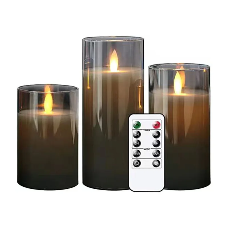 gray gold glass Wax led pillar candle set  Flickering Flameless Battery LED Candle  with glass cup For Home Party Wedding Decor