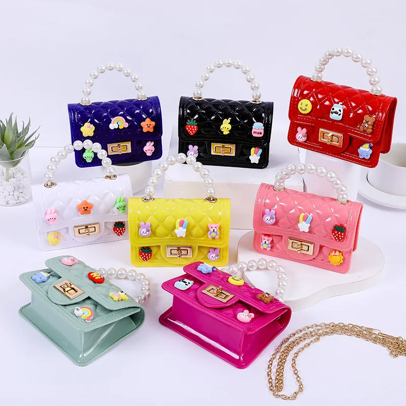 Fashion Cute Kids Crossbody Bag Pearl Chain Handbag Bag With Cute Decoration Designer Coin Purse  Bag For children Girls