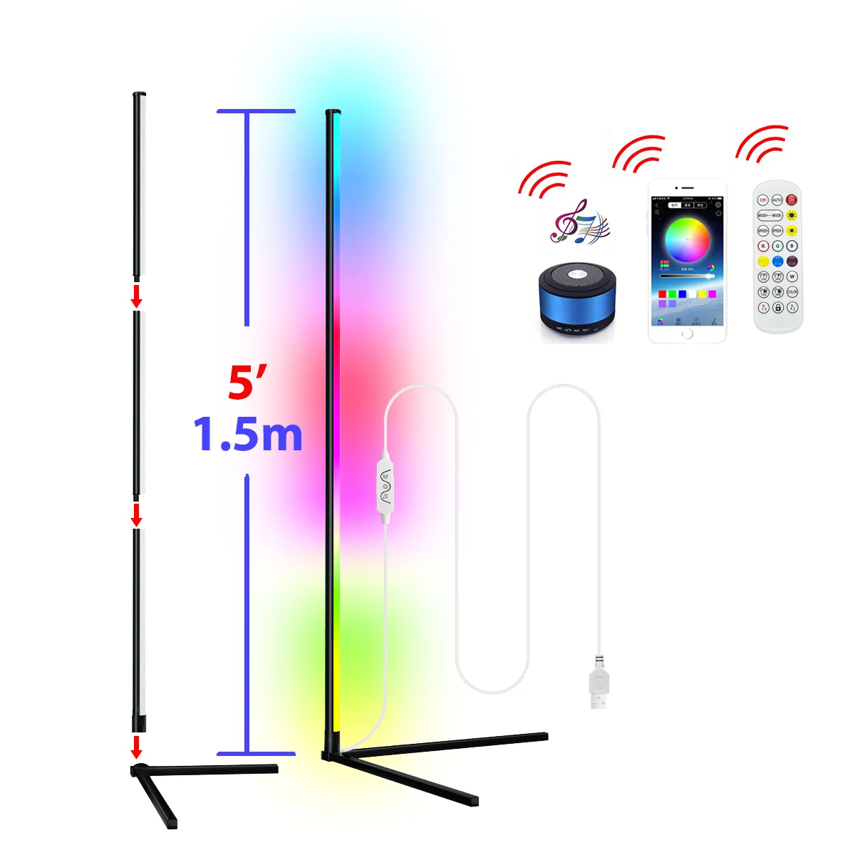 BOKUN 150cm High Quality Remote Control Modern Music Rhythm Light Stand Rgb Corner Light Led Floor Lamps