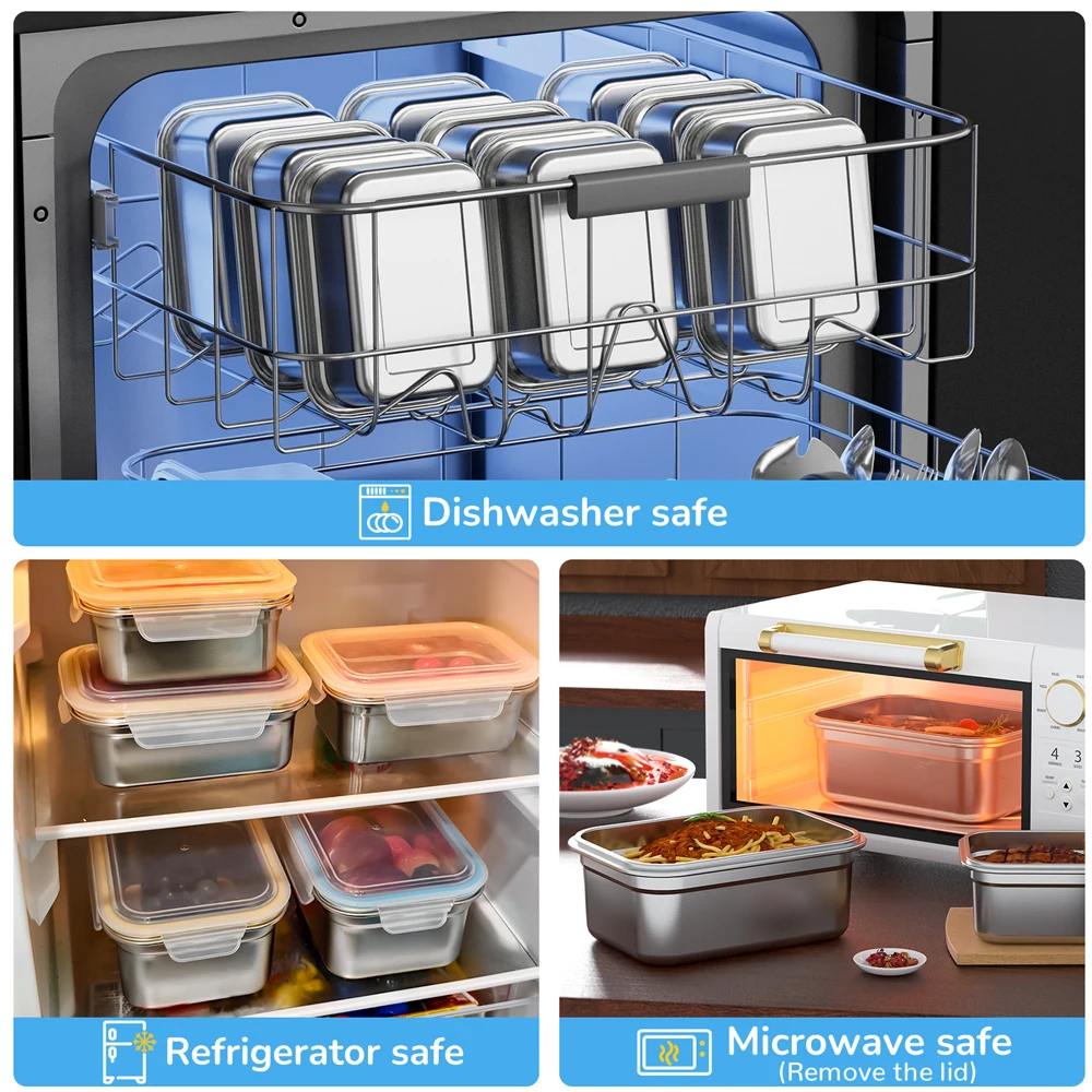 304 Stainless Steel Airtight Bento Lunch Box Lid Microwave Safe Food Grade Container Reusable Stackable Nestable Metal Meal Prep