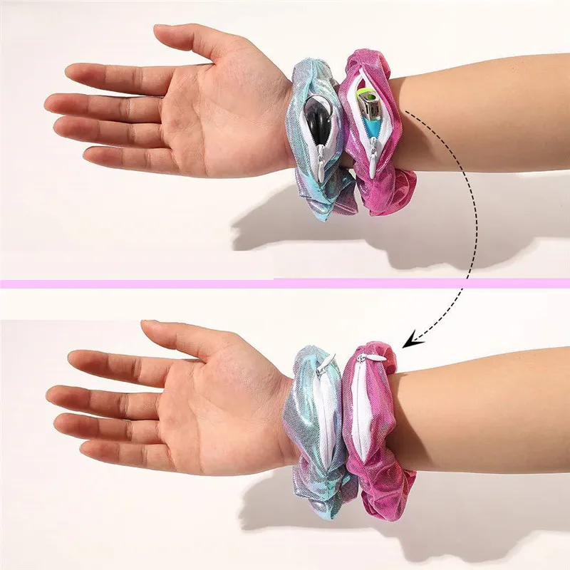 Customize Women Iridescent Pony Tail Hair Bands Shiny Soft Colorful Fabric Pocket Zipper Tie Dye Scrunchie