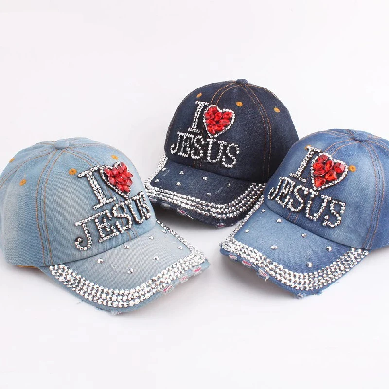 Wholesale Women Baseball Caps Letter I LOVE JESUS Rhinestone Rivet Denim Cotton Men Hip Hop Hat Dropshipping Snapback Cap