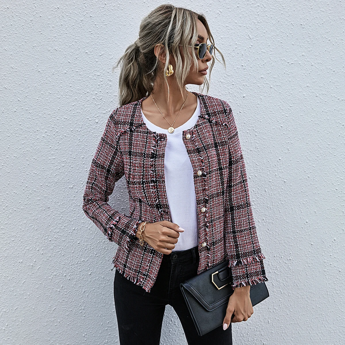 Лидер продаж, твидовое пальто SHEIN с потертостями, женская элегантная клетчатая куртка