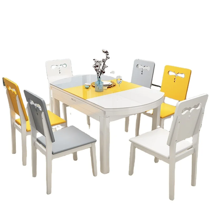 Modern simple multifunctional tempered glass dining table household solid wood retractable folding dining table and chair sets