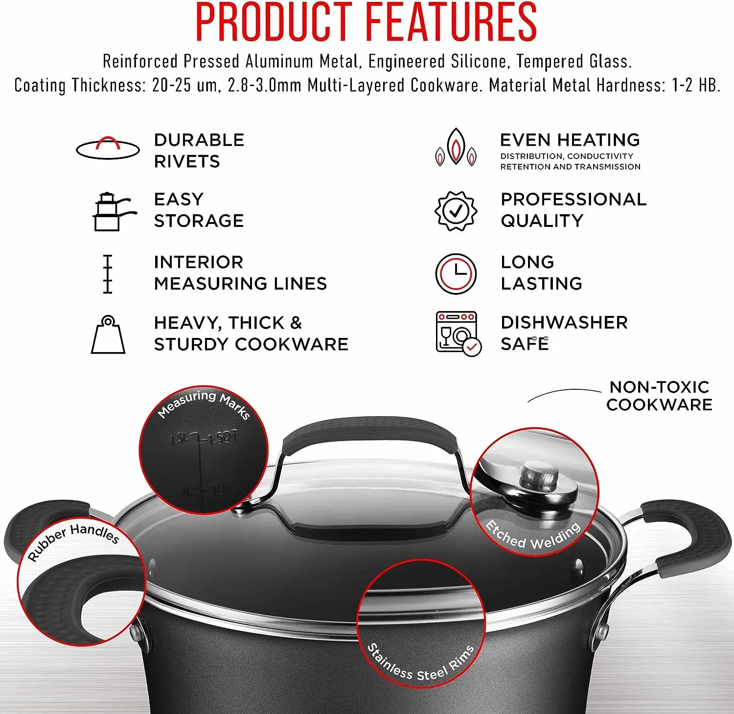 Cookware Set 23 Piece Black MultiSized Cooking Pots with Lids Skillet Fry Pans and Bakeware Reinforced Pressed Aluminum Metal
