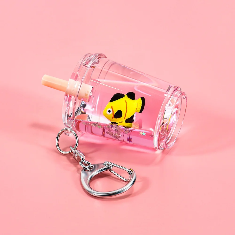 Custom Liquid Keychain Water Boba Aqua Key chain Floating Acrylic Animal Liquid Key Holder Bubble Milk Tea Cup Key Holder