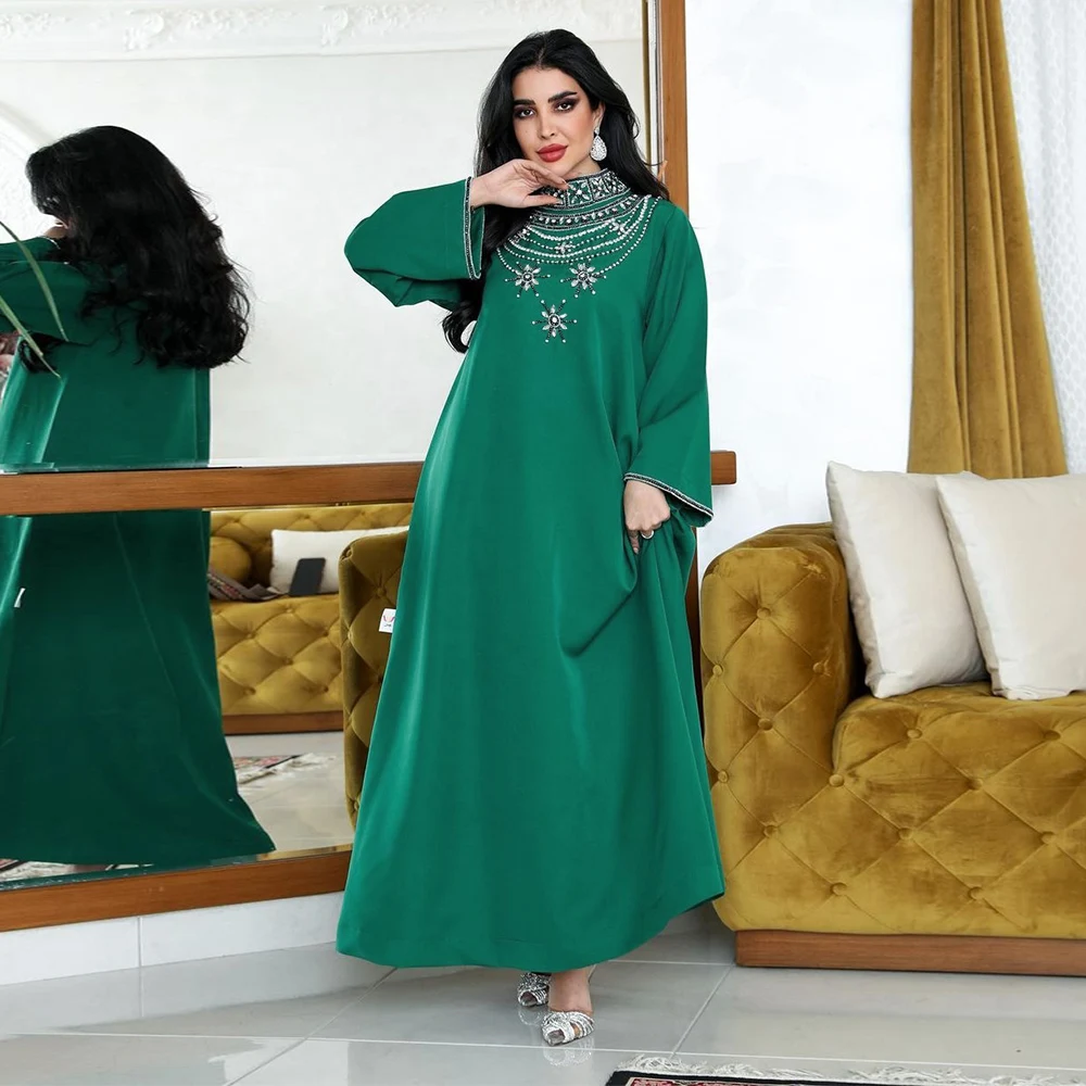 20245257 Green Abayas Long Sleeve High Neck Islamic Clothing Caftan Dresses With Rhinestones