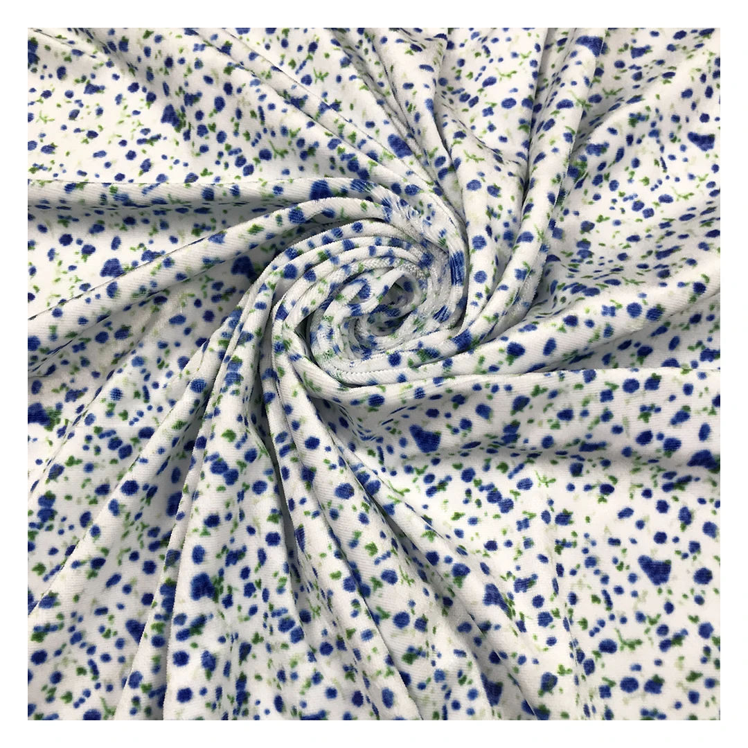 The factory outlet blue flower pattern 100% polyester two way stretch custom print velvet fabric for garment