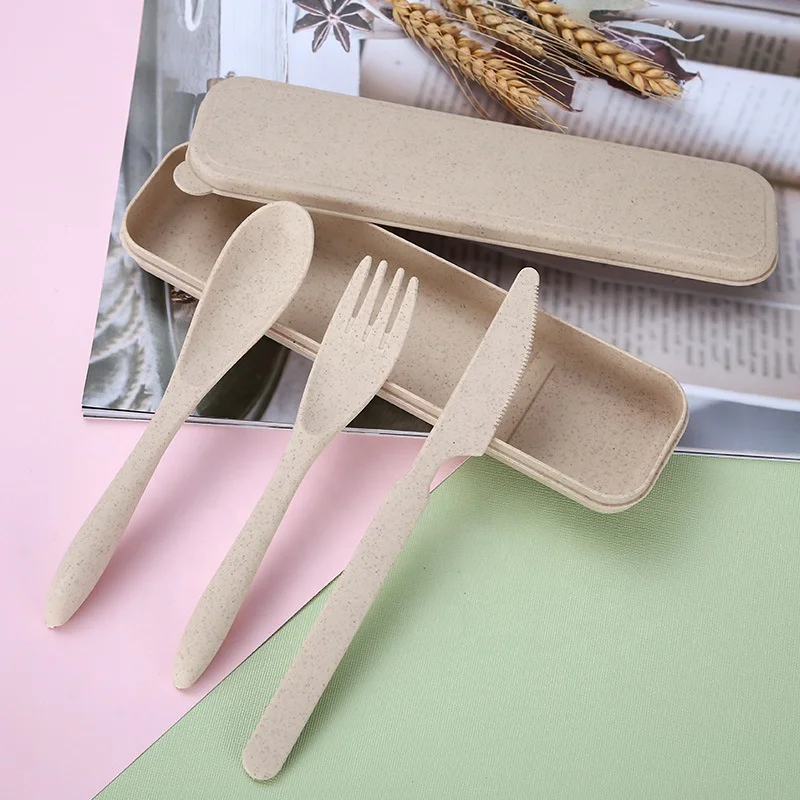 Eco-friendly Wheat Straw Spoon Fork Knife Set Cutlery Camping Plastic Travel Flatware Sets Portable