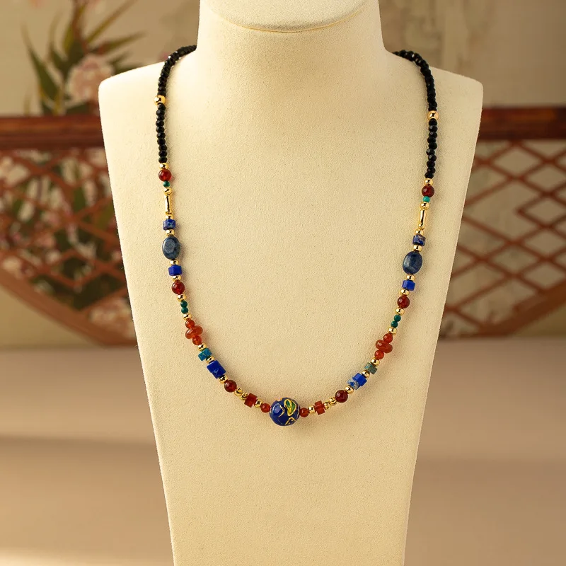 High Quality Chinese Ethnic Design Enamel Jewelry Set Gold Plated Brass Gemstone Beaded Earrings Necklace for Wedding Gift Women