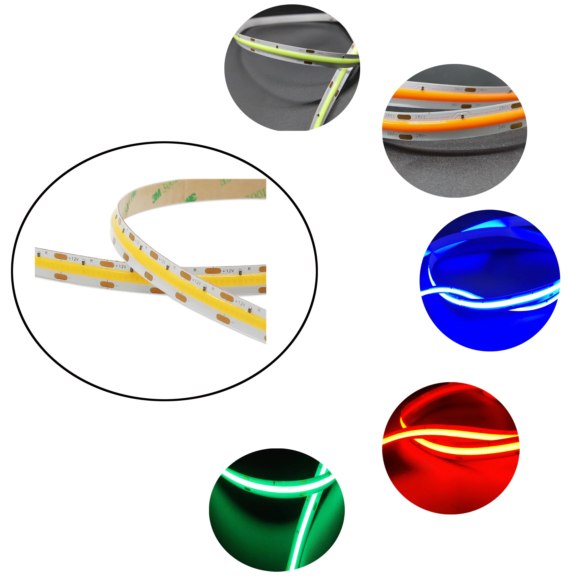 Hot sales spot free 24 VDC 10w per meter 8mm width green yellow red blue colour LED COB strip LED tapes LED ribbons in color