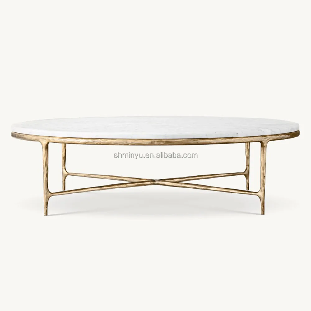 2024 Hand Hammer Metallic Frame Marble Center Table Thaddeus Marble Round Coffee Table