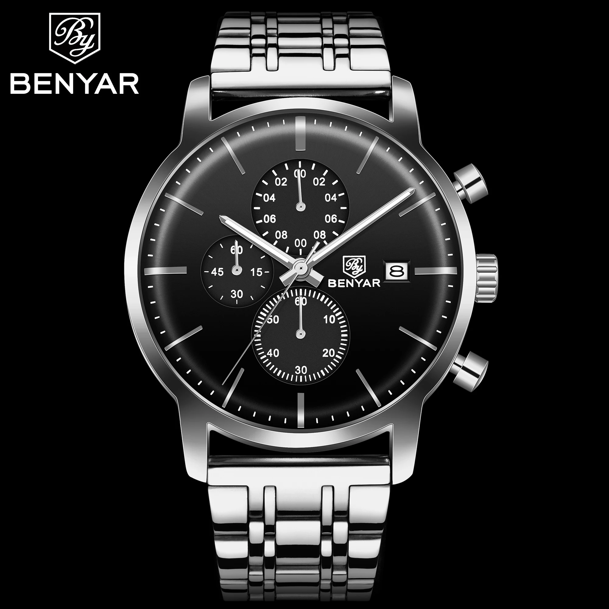 
Benyar 5146 leather strap watches analog watches for men stainless steel back genuine leather quartz watch 